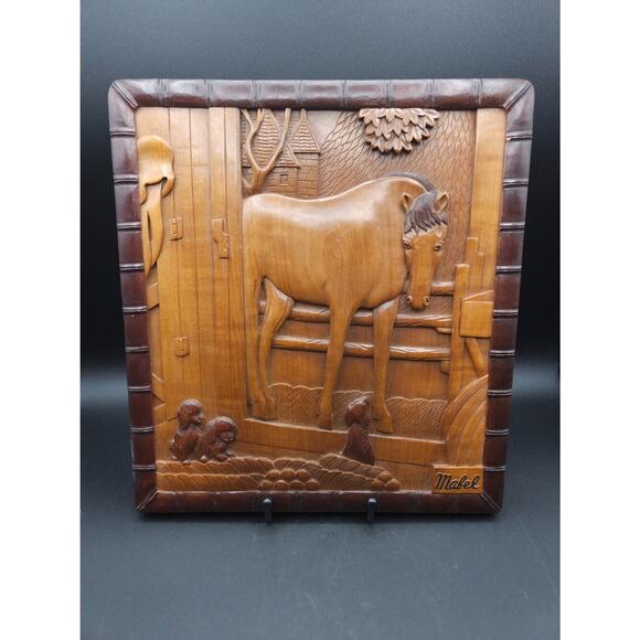 Vtg Chinese Wood Carved Horse & Puppies Picture Bamboo Style Frame Signed Mabel